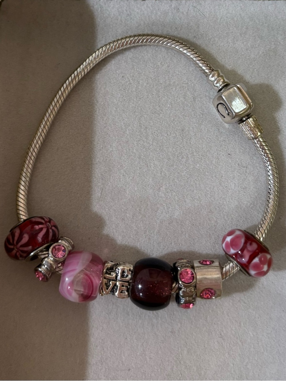 Silver Charm Bracelet with Silver and Pink Beads